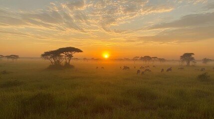 Obraz premium Serene sunrise over misty savanna with grazing wildlife