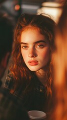 Fototapeta premium Cinematic Gen Z Portrait Moody Golden-Hour Aesthetic Capturing Introspective Young Female Empowerment in Soft Ambient Lighting - Contemporary Personal Branding Content