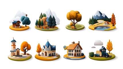 Obraz premium Autumnal Village Scenes: A Collection of Charming 3D Rendered Illustrations AI Generated