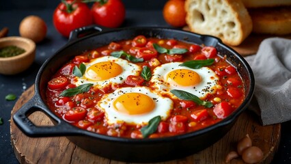 Fototapeta premium Savory shakshuka recipe with ripe tomatoes, spices, and poached eggs served hot with crusty bread