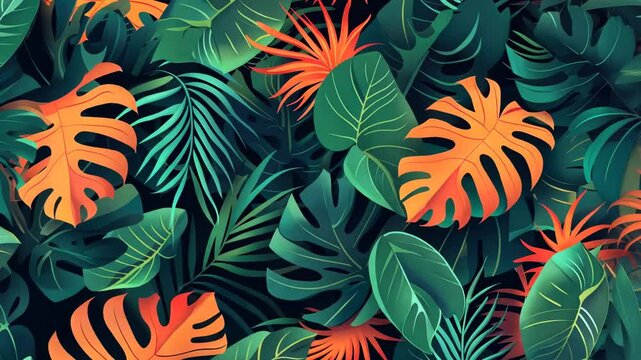 A vibrant pattern of tropical leaves and flowers.
Concept of: Jungle lushness.