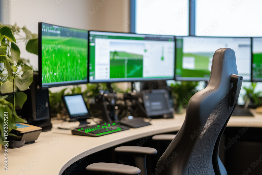 Poster workspace featuring multiple monitors displaying data analysis with green graphics. clean office set