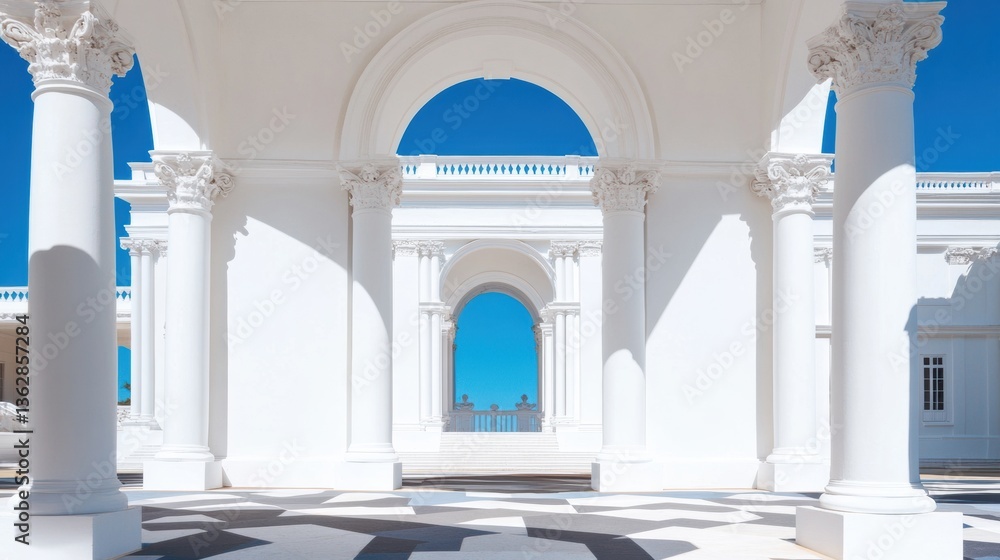 Poster minimalist architectural dreamscape pristine white classical design with neoclassical columns, azure