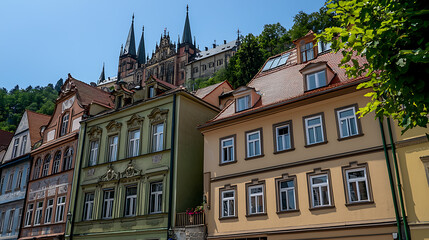 Fototapeta premium Colorful European townhouses with Gothic cathedral