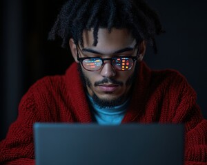 Immersive Digital Workflow Gen Z Tech Professional in Knit Crimson Layer Exploring Cutting-Edge Computational Interfaces with Augmented Reality Reflection