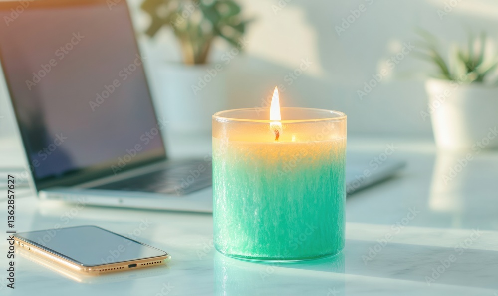 Poster mindful workspace serenity gradient ombre aromatherapy candle in modern home office - wellness-drive