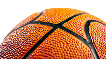 Textured Basketball Close-up: A close-up shot of a basketball reveals its intricate texture, showing the raised pebble-like surface, the prominent black lines, and the overall orange hue.