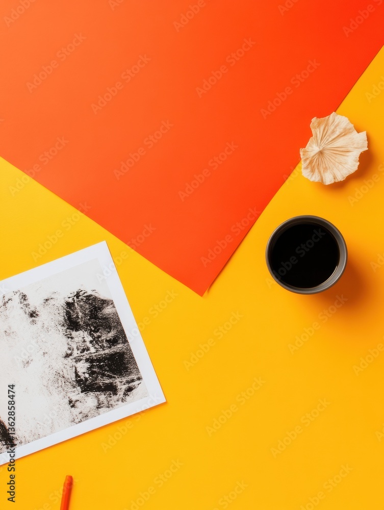 Aufkleber vibrant minimalist workspace composition creative geometric color-block design with coffee, artistic