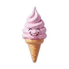 Cheerful pink ice cream cone with a smiling face in a playful and inviting design