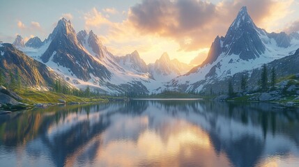 Serene sunset over snow-capped mountains reflected in a calm lake