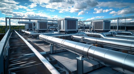 Industrial rooftop infrastructure featuring pipes, ducts and cooling units