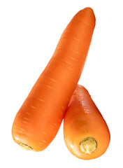 Top view of fresh orange carrot roots in stack in cross shape isolated with clipping path in png format