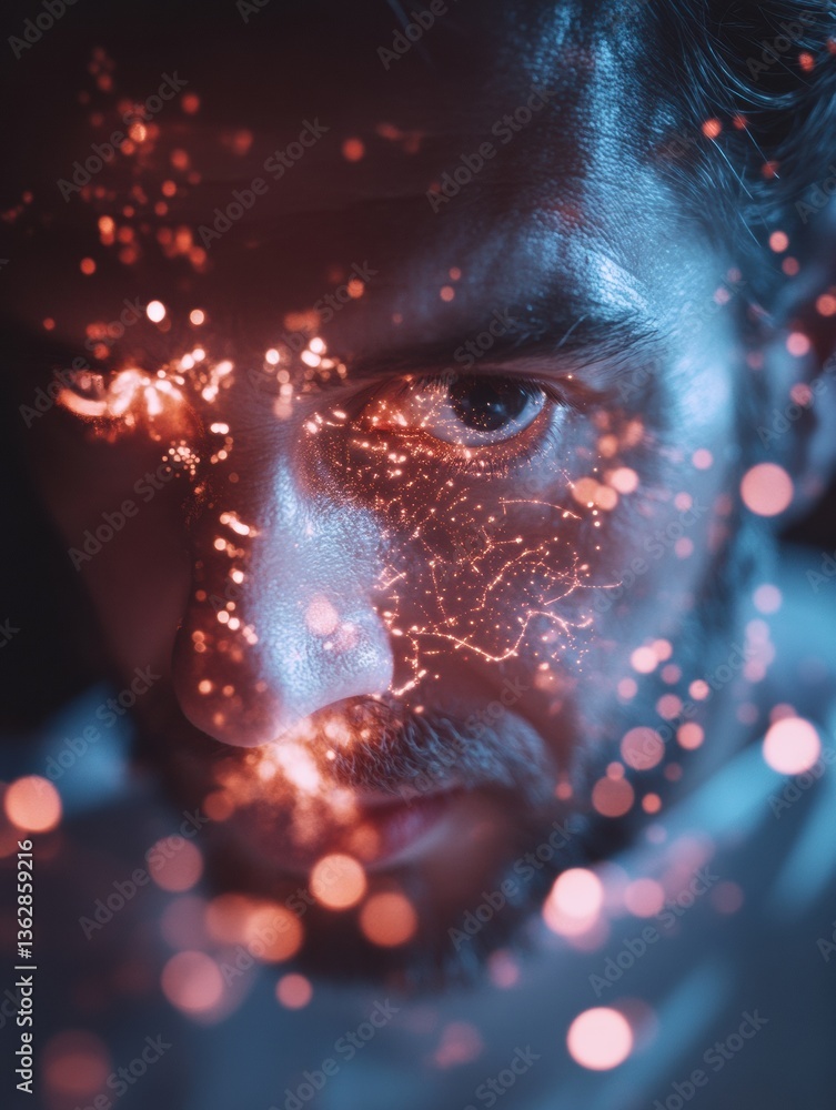 Poster Cybernetic Resonance Immersive Digital Portrait Exploring Human-Tech Convergence with Ethereal Particle Visualization and Emotional Depth