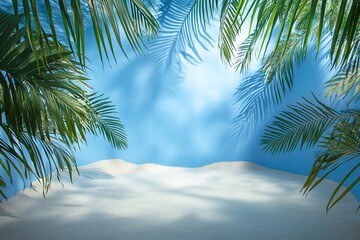 Fototapeta premium Palm Leaves Cast Shadows on White Sand, Revealing a Blue Sky Background Summer Vibe
