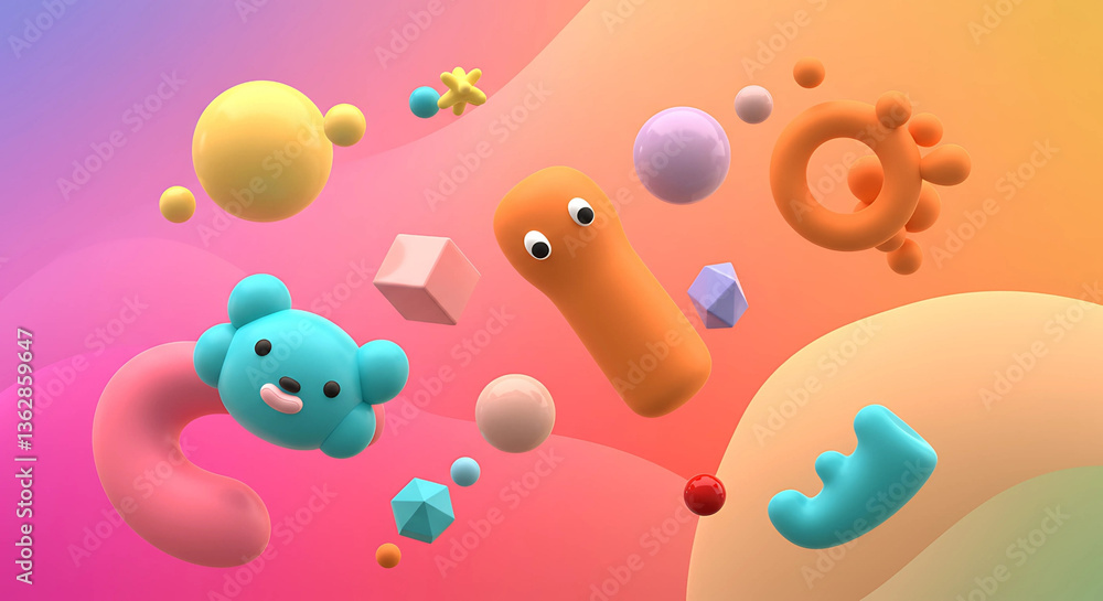 Poster colorful abstract shapes and characters floating around