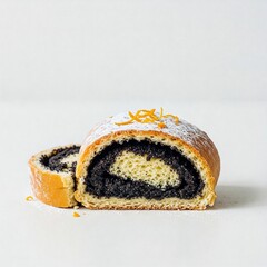 Poppy seed cake with lemon and orange icing, an appetizing holiday cake for greeting cards and recipes.

