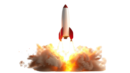Blast Off! Rocket Launch: A rocket takes flight, propelled by a fiery explosion and billowing smoke, symbolizing innovation, progress, and reaching for the stars.