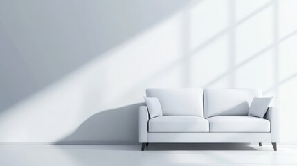 Modern minimalist living room featuring a sleek white sofa against a bright wall with shadows