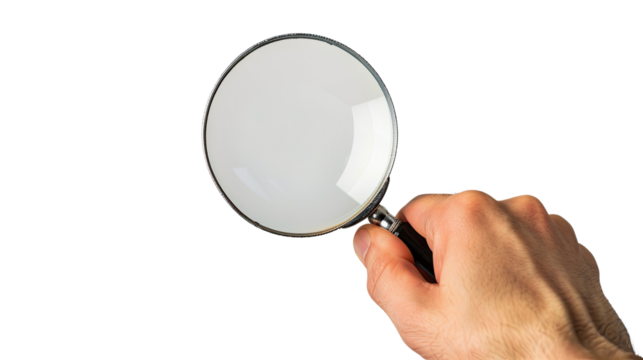 Focus on Discovery: A human hand firmly grasps a magnifying glass, symbolizing keen observation and the pursuit of knowledge and research. Capturing the essence of clarity and analysis.