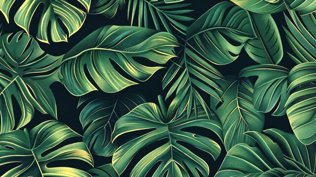 A botanical pattern of lush green tropical leaves.
Concept of: Tropical tranquility.