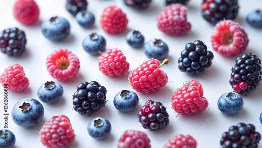 Poster assorted fresh berries displayed on a light background surrounded by natural colors and textures