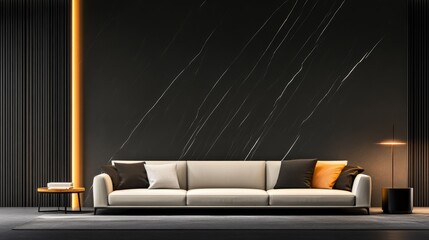 Modern minimalist living room featuring a stylish sofa, sleek decor, and ambient lighting
