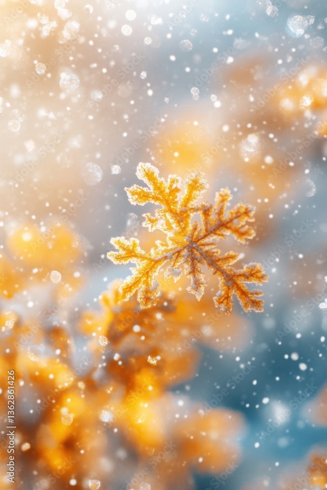 Poster golden snowflake adorned with frost crystals against a soft blue bokeh background capturing the esse