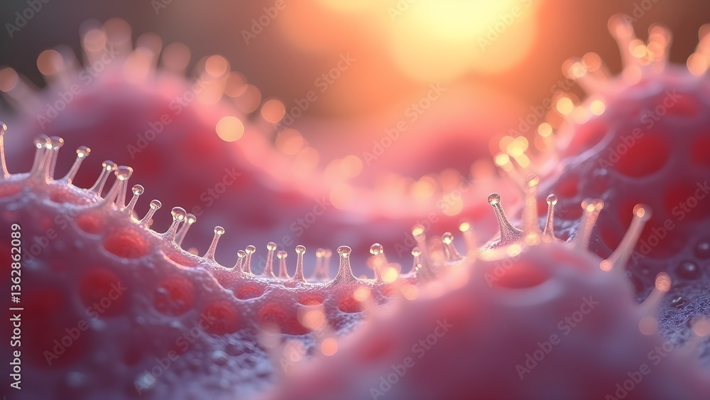 Poster detailed microscopic view of a generic virus particle with spikes, pink-red color scheme