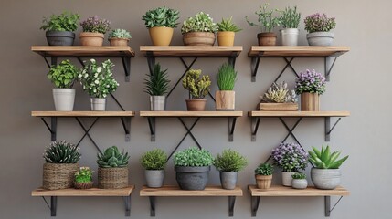 Shelves hold various potted plants against a neutral-colored wall. Home decor