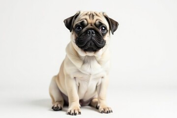 Obraz premium Adorable pug dog sits alone against white background, cute, wrinkles, dog