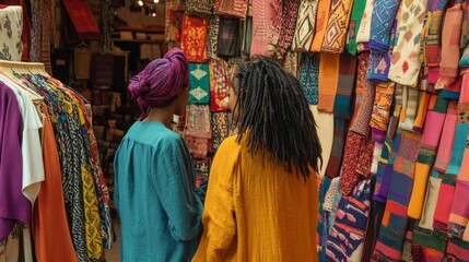 Fototapeta premium Black tourists exploring the vibrant streets of Marrakech filled with colorful textiles and spices
