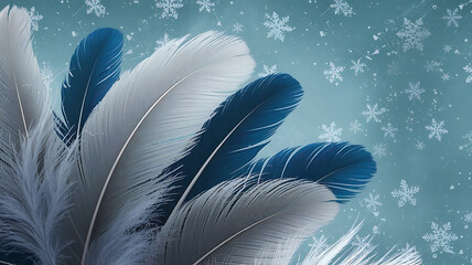 Soft and elegant background featuring blue and white feathers with a snowflake design