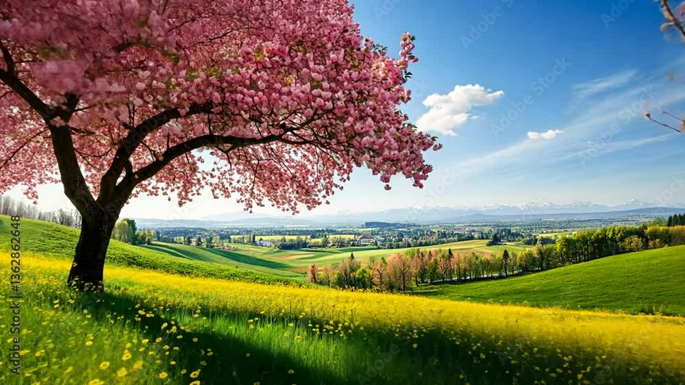 Poster spring blooms under a clear sky with a pink flowering tree generative ai