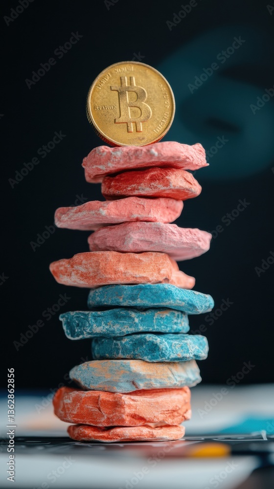 Poster blockchain wealth visualization vibrant sculptural bitcoin stack representing digital asset evolutio