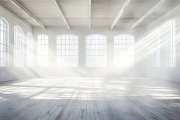 AllWhite Interior Arched Windows, Wooden Floor and Ceiling with Natural Light