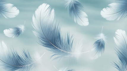 Soft and delicate background featuring blue feathers against a light cloud backdrop