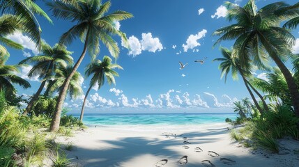 Fototapeta premium Secluded Tropical Beach Paradise with Palm Trees and Footprints in the Sand