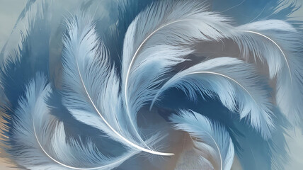 Soft and delicate background featuring blue feathers against a light cloud backdrop