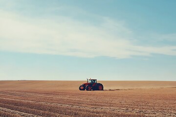 Obraz premium Sturdy tractor navigating vast crops beneath clear sky design 