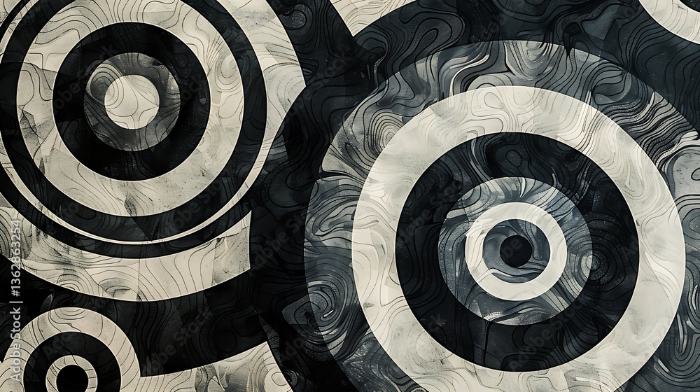 Poster a sophisticated pattern of concentric circles in varying shades of grey and black, creating a sense 