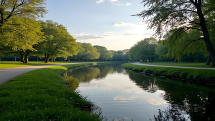 Obraz premium Serene riverside park with walking paths