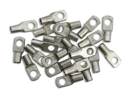 Uninsulated ring type wire terminals isolated on white background