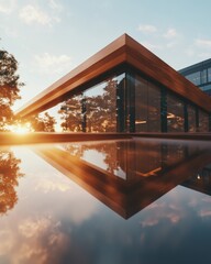 Fototapeta premium Minimalist Architectural Reflection Golden Hour Illuminating Sustainable Design with Warm Wood and Glass - Modern Workspace Innovation and Tranquil Professional Aesthetics