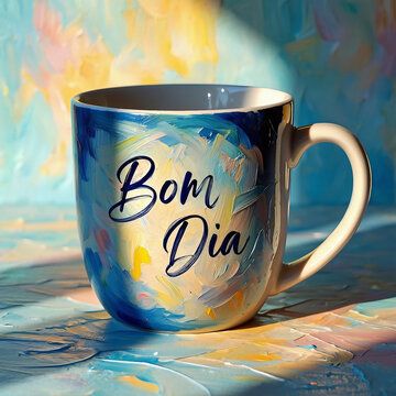 Caneca de cer&acirc;mica art&iacute;stica com pintura colorida e a frase "Bom Dia", iluminada por luz suave, contra um fundo vibrante que exala positividade.