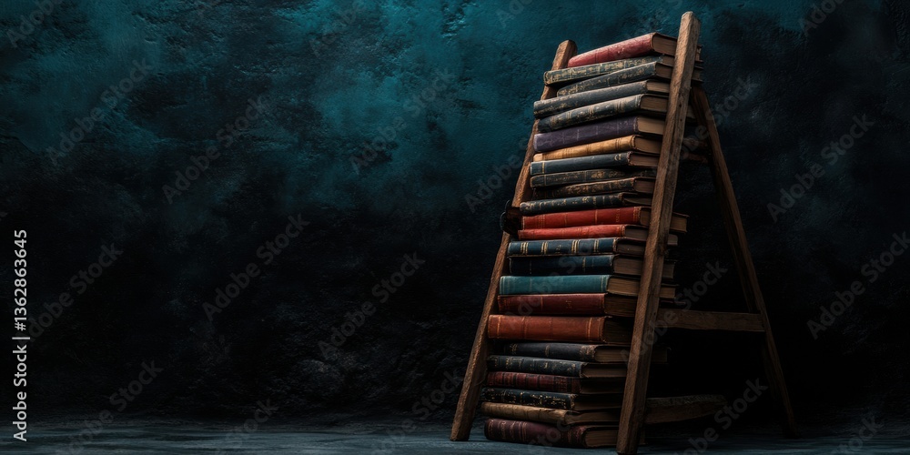 Aufkleber retro-industrial knowledge ascent vintage book stack on rustic wooden ladder - nostalgic learning ae