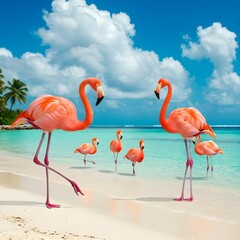 Obraz premium A playful flamingo basking in the sunshine, spreading tropical joy with its vivid pink plumage and graceful stance in a warm, sunny paradise.