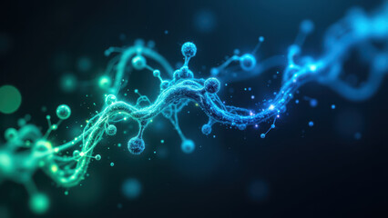 Magnesium glycinate molecule with light blue energy spheres flowing through a dark background.