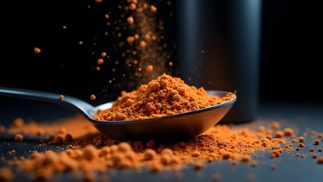 Golden Turmeric Spice Powder Falling into a Spoon on Black Surface