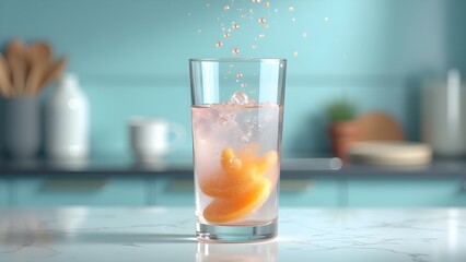 Refreshing Citrus Beverage with Orange Slices, Ice and Bubbles on Marble Counter