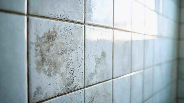 Mold in the house from high humidity. Grimy bathroom tiles with stains and mildew in natural light  
